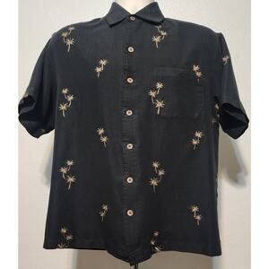 Caribbean Embroided Palm Trees Short Sleeve Button Up Shirt Size M Black